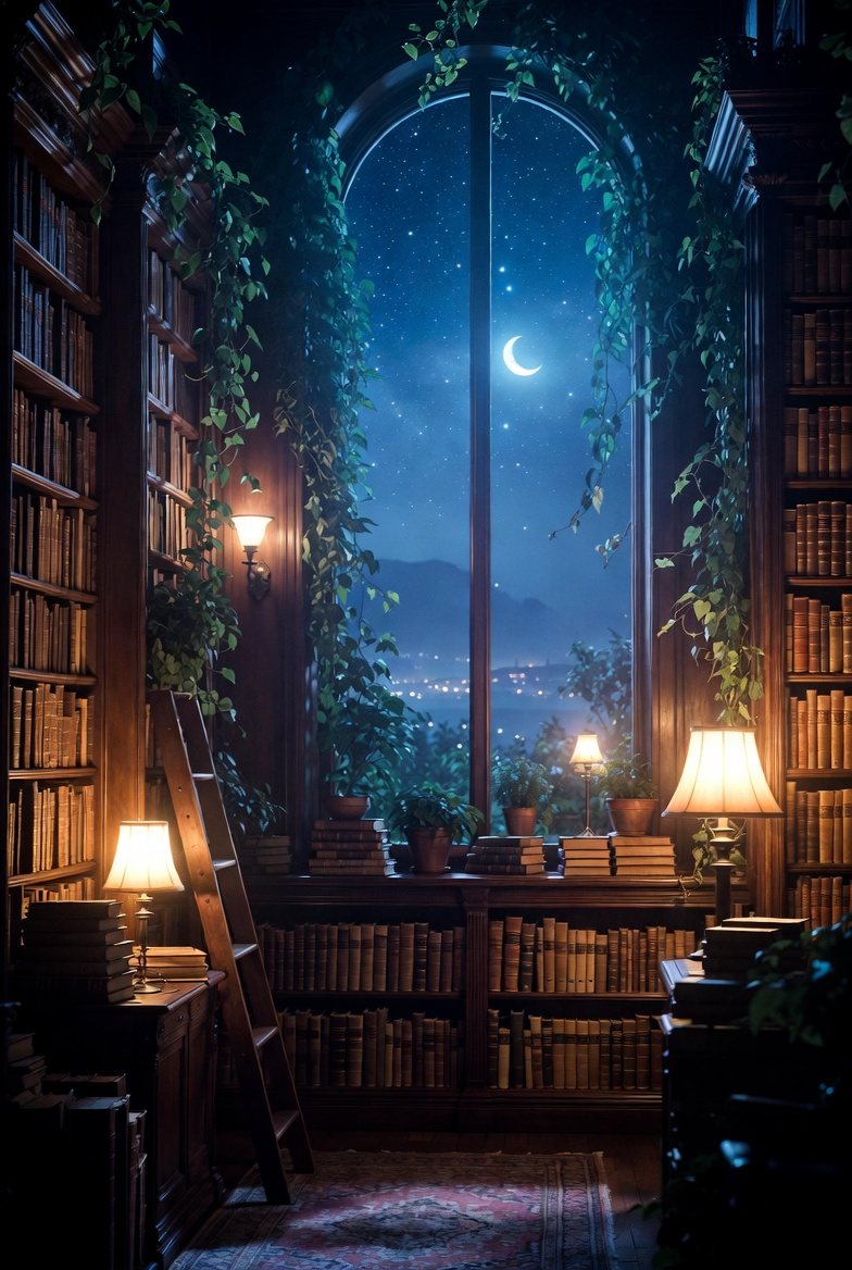 An arched library window at night, the moon over a sleeping town
